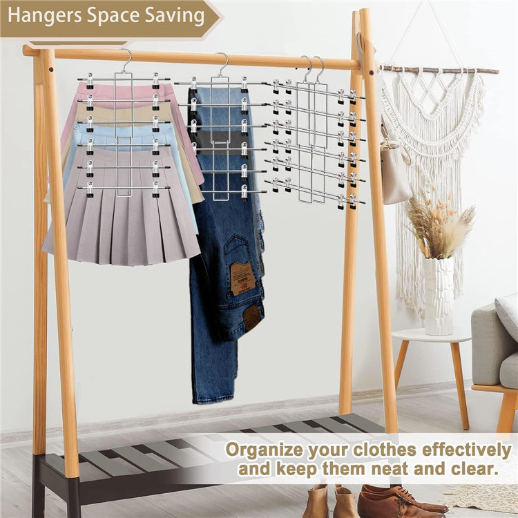 Pants Hangers Space Saving 6 Tier Closet Organizers And Storage Skirt Hangers with Clips For Clothes Jeans Scarf