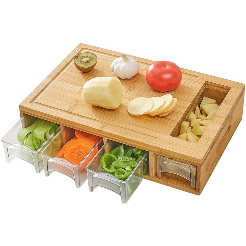 Hot Sale Large Bamboo Cutting Board Chopping Blocks Board With Trays Draws Wood Butcher Block With 4 Drawers