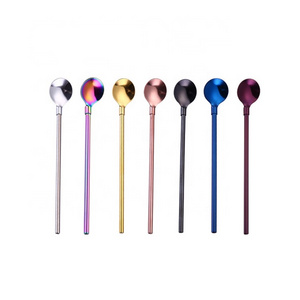 Wholesale colored stainless steel straw spoon drinking ice cream spoon coffee spoon