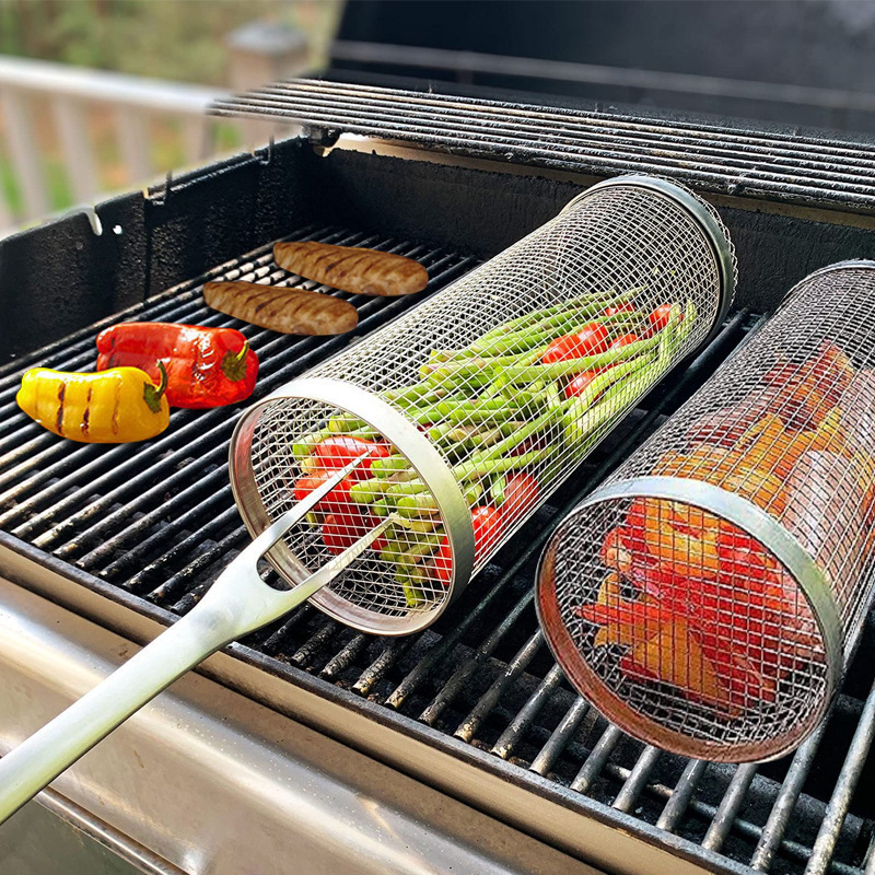 Hot Sale Portable BBQ Net Tube Barbecue Tube Rolling Grilling Stainless Steel Cylinder Grill Basket