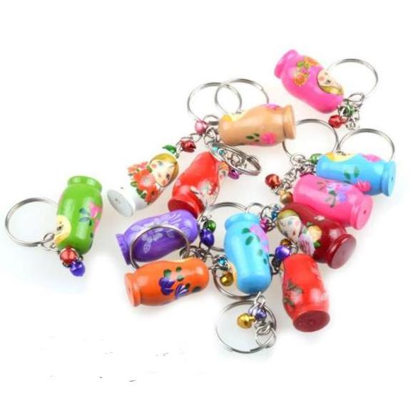 Wooden Decoration Craft Nesting Doll Keychain With Bell