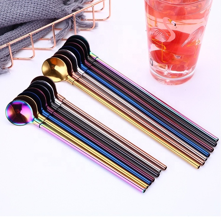 Wholesale colored stainless steel straw spoon drinking ice cream spoon coffee spoon