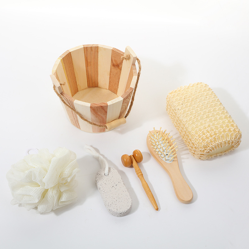 Bath Brushes and Sponges Set with Bath Flower Foot Stone Face Massager Hair Brush Sisal Sponge Wood Box