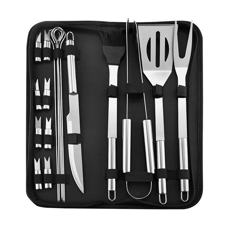 Portable Household Outdoor BBQ Grill Set with Metal Tools Including Forged Forks in Tote Bag