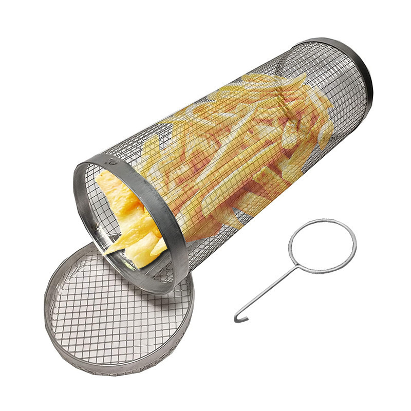 Hot Sale Portable BBQ Net Tube Barbecue Tube Rolling Grilling Stainless Steel Cylinder Grill Basket