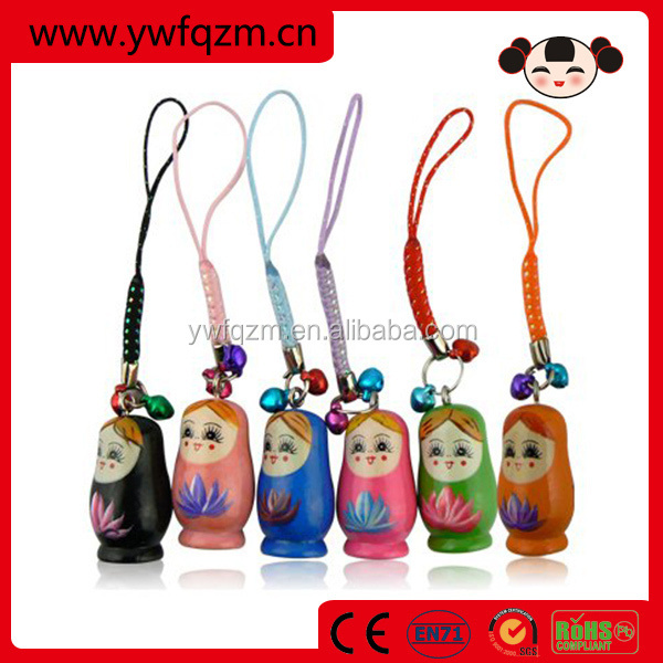 Wooden Decoration Craft Nesting Doll Keychain With Bell