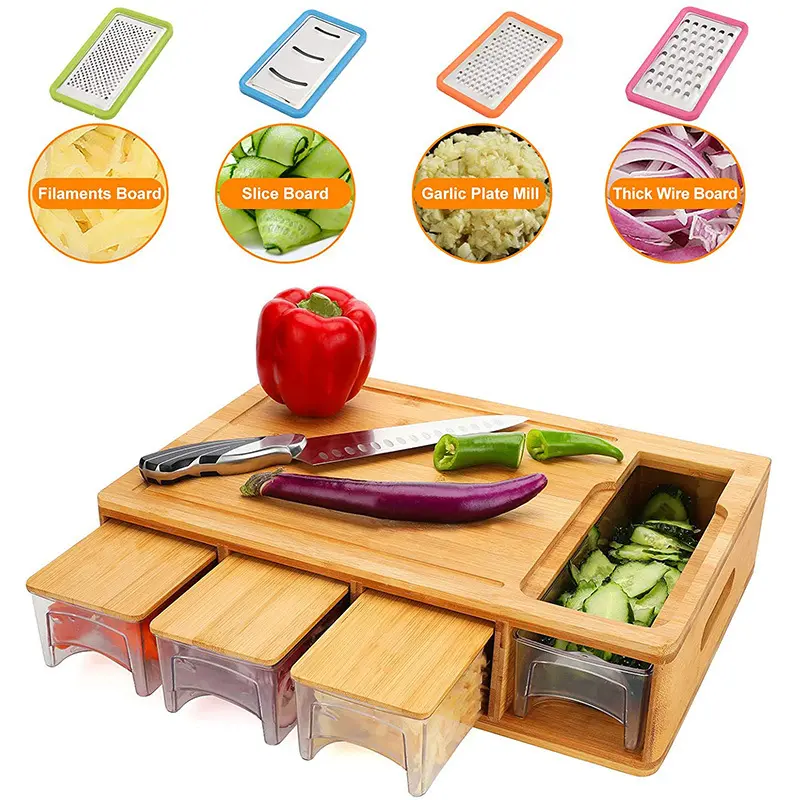 Wholesale custom large organic kitchen chopping natural bamboo cutting board with 4 draw tray and 4 vegetable grater