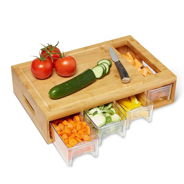 Wholesale custom large organic kitchen chopping natural bamboo cutting board with 4 draw tray and 4 vegetable grater