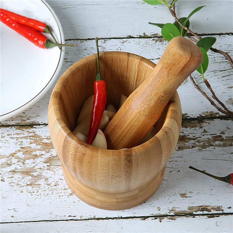 Custom Logo Wooden Mortar And Pestle Kitchen Tools Spice Masher Bamboo Garlic Masher