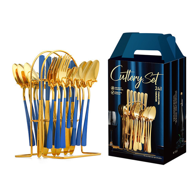 Luxury business gifts western food 24 pieces steak fourchette stainless steel cutlery set flatware sets with rack