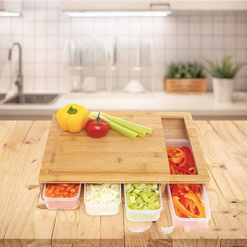 Hot Sale Large Bamboo Cutting Board Chopping Blocks Board With Trays Draws Wood Butcher Block With 4 Drawers