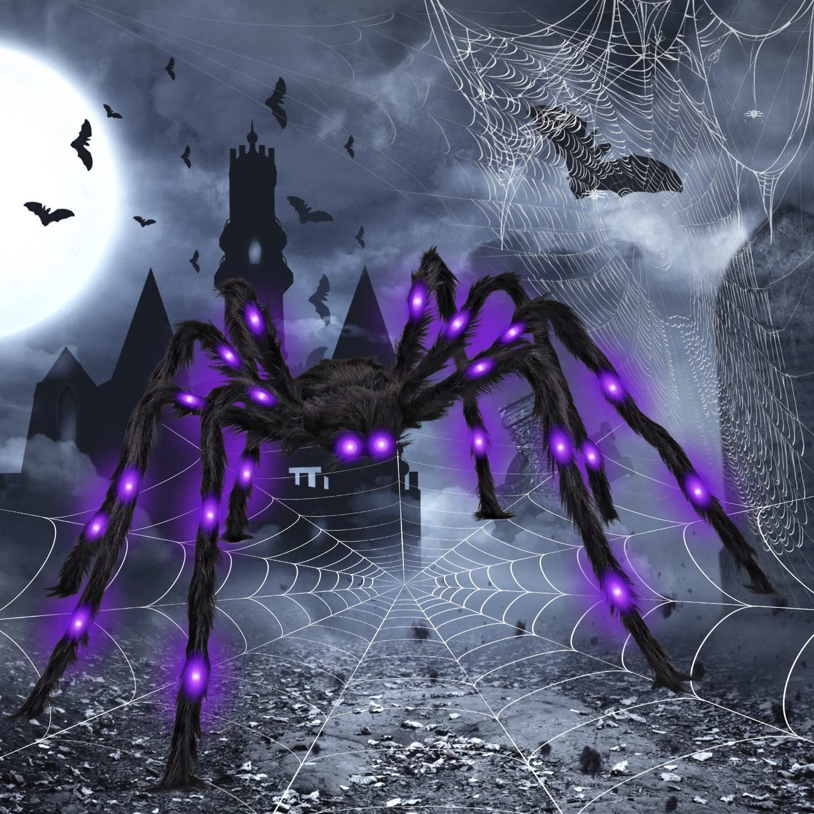 4ft Purple LED Spider Fake Giant Halloween Outside House Decor Light up Black Hairy 125cm Creepy Spiders for Party Haunted