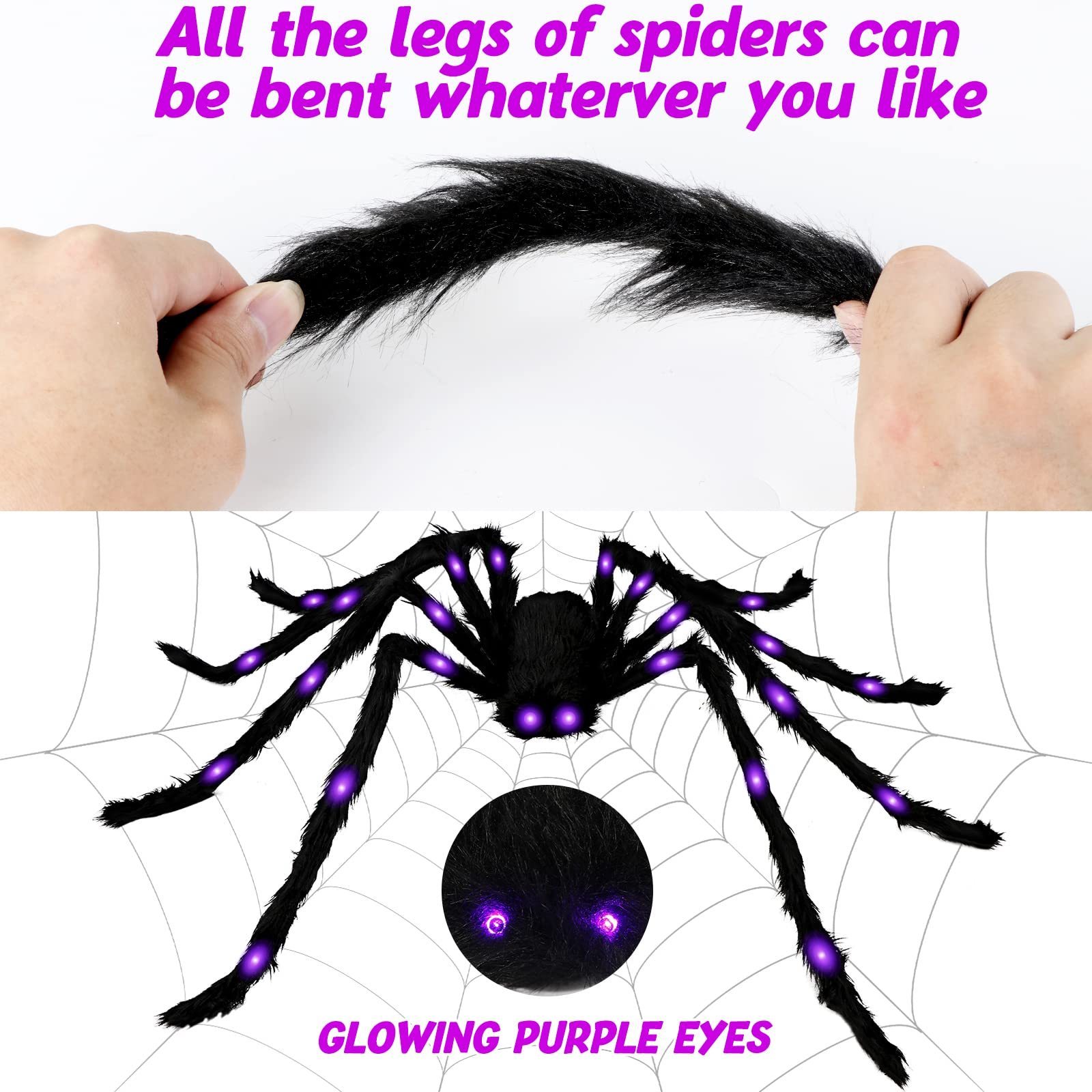 4ft Purple LED Spider Fake Giant Halloween Outside House Decor Light up Black Hairy 125cm Creepy Spiders for Party Haunted