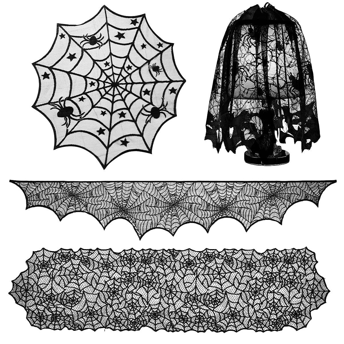 Halloween Decoration Set Spider Web Table Runner Round Cloth Fireplace Mantle Scarf Black Lace Lampshades Bat Wall Sticker Decor