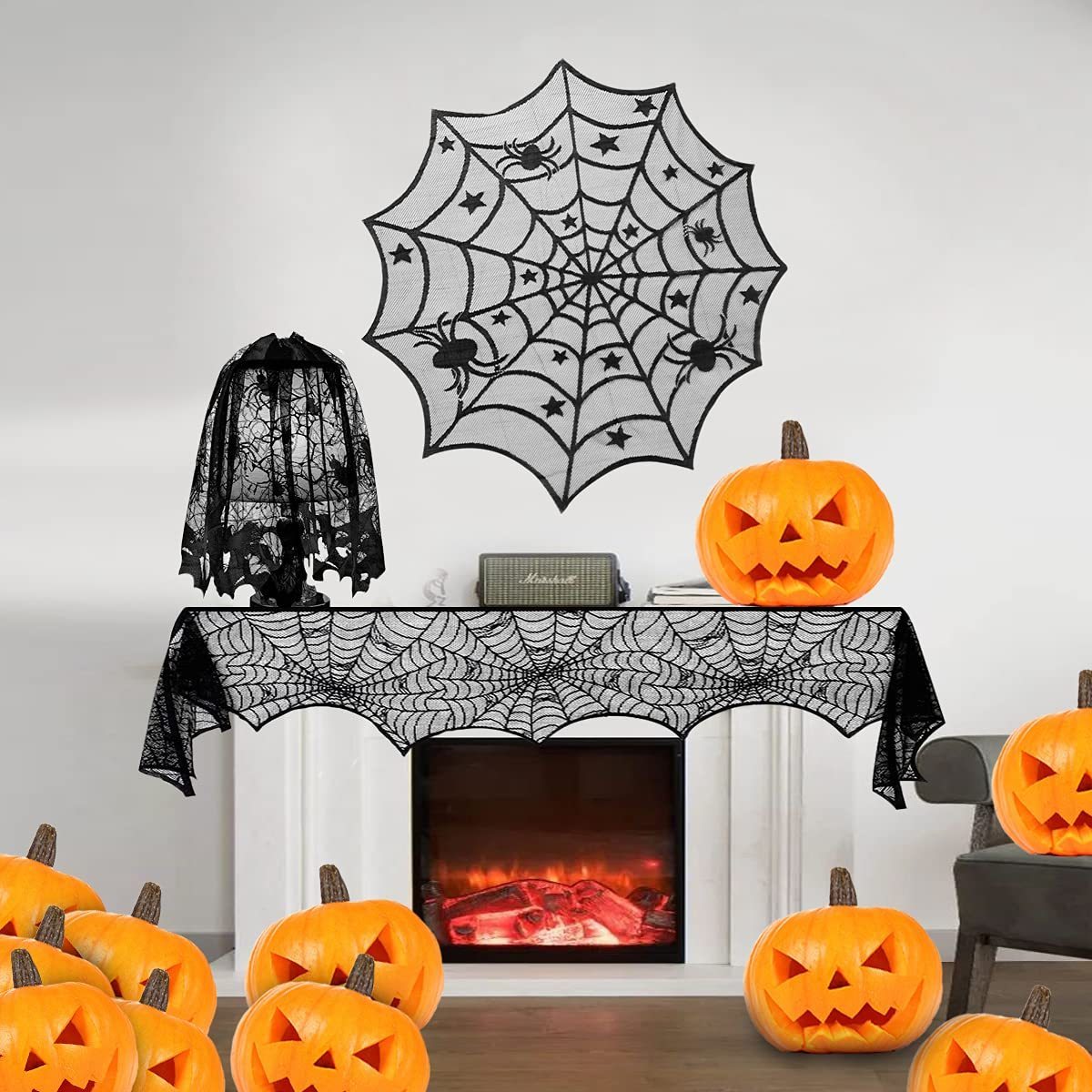 Halloween Decoration Set Spider Web Table Runner Round Cloth Fireplace Mantle Scarf Black Lace Lampshades Bat Wall Sticker Decor