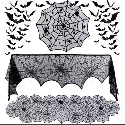 Halloween Decoration Set Spider Web Table Runner Round Cloth Fireplace Mantle Scarf Black Lace Lampshades Bat Wall Sticker Decor