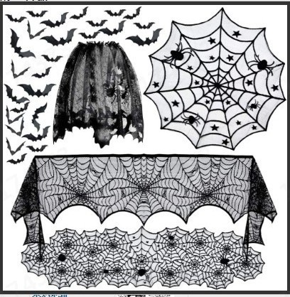 Halloween Decoration Set Spider Web Table Runner Round Cloth Fireplace Mantle Scarf Black Lace Lampshades Bat Wall Sticker Decor