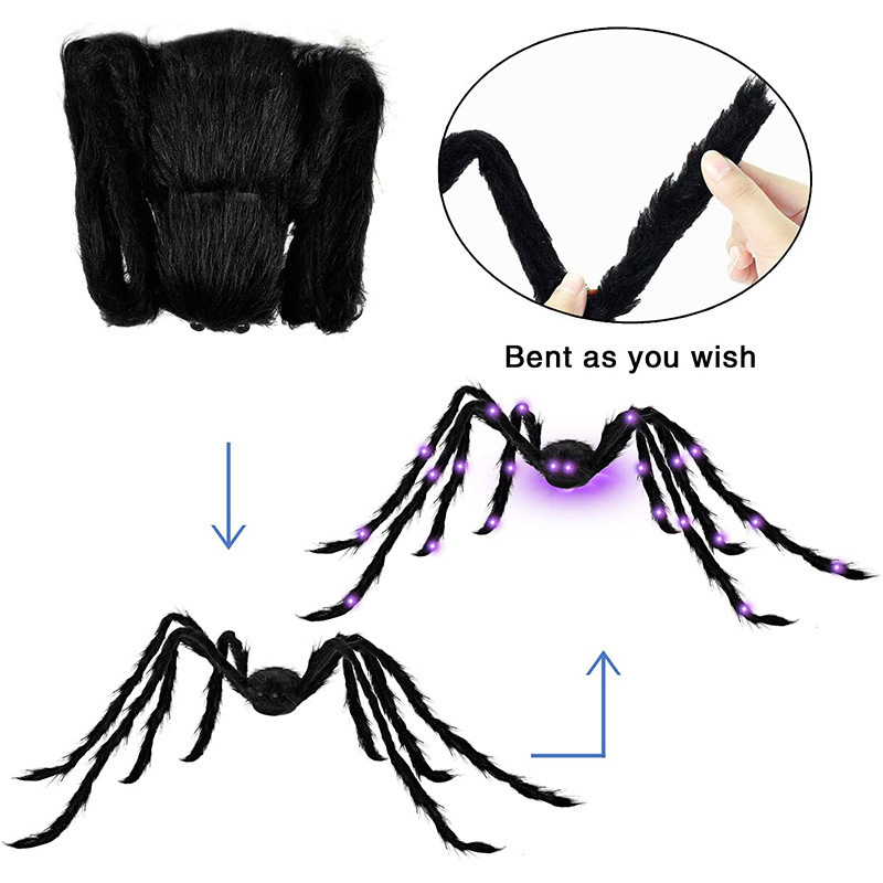 4ft Purple LED Spider Fake Giant Halloween Outside House Decor Light up Black Hairy 125cm Creepy Spiders for Party Haunted