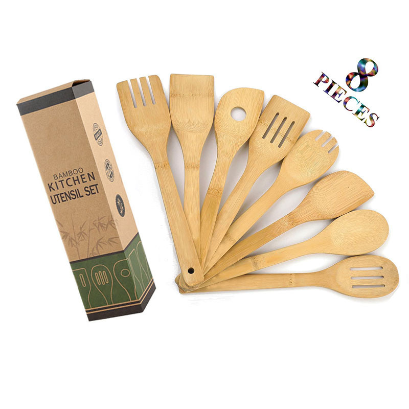 Kitchen Bamboo Utensil Set Apartment Essentials Wood Cooking Spatula Spoon Nonstick Housewarming Gifts Wooden Utensils Set