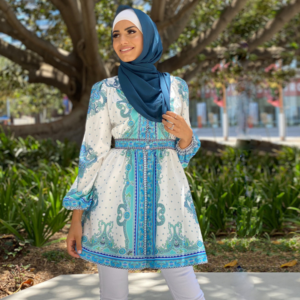 Wholesale  paisley Turkish long sleeve shirt dress stand collar print blouse tops for Muslim women