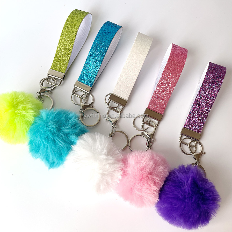 New fashion in stock self-defense keychains pompom keychain security gift bling glitter leather wristlet Keychain