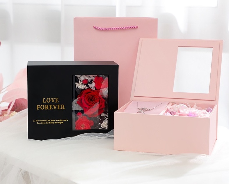 Luxury Girlfriend Valentine's Day Wedding Flower Mothers Day Birthday Gift Rose Drawer Paper Box With Handle Clear PVC Window