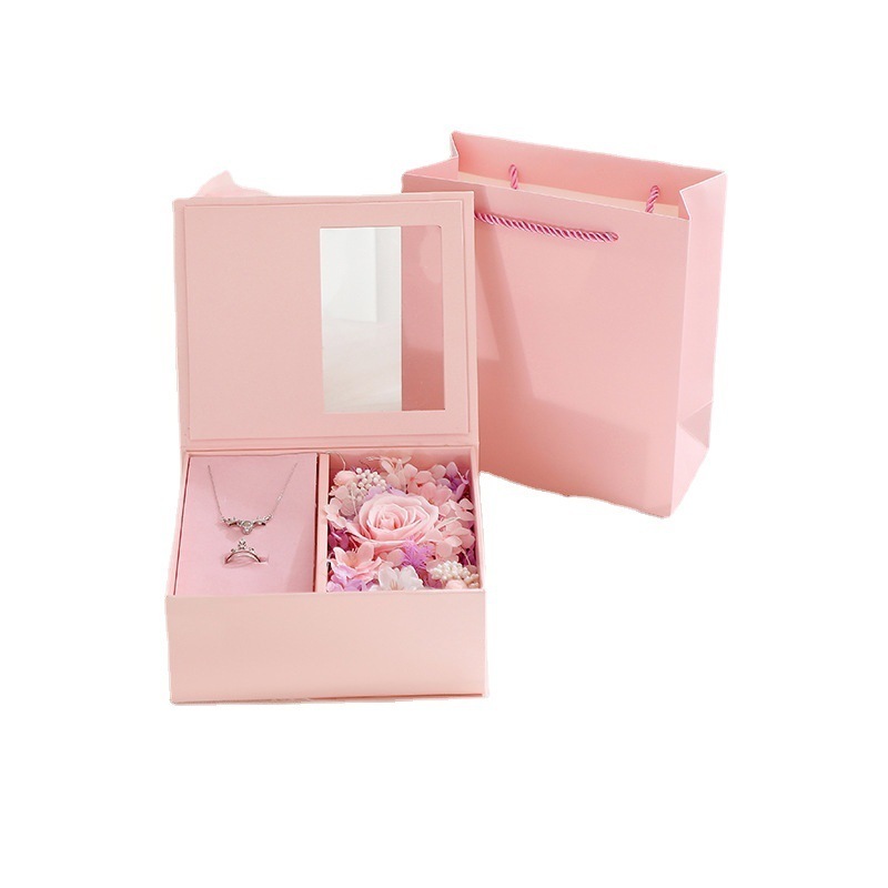 Luxury Girlfriend Valentine's Day Wedding Flower Mothers Day Birthday Gift Rose Drawer Paper Box With Handle Clear PVC Window