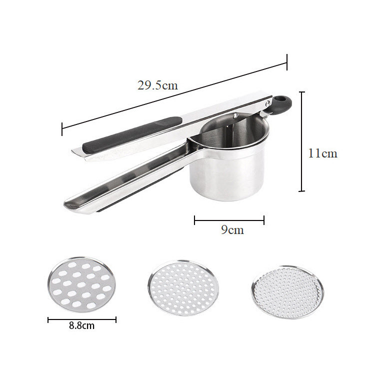 Stainless Steel Kitchen Potato Ricer and Masher With 3 Interchangeable Fineness Discs Silicone Grip Handle