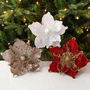 DIY 22cm Artificial Christmas Flower Artificial Decoration Poinsettia Large Tree Glitter Poinsettias Christmas Flowers