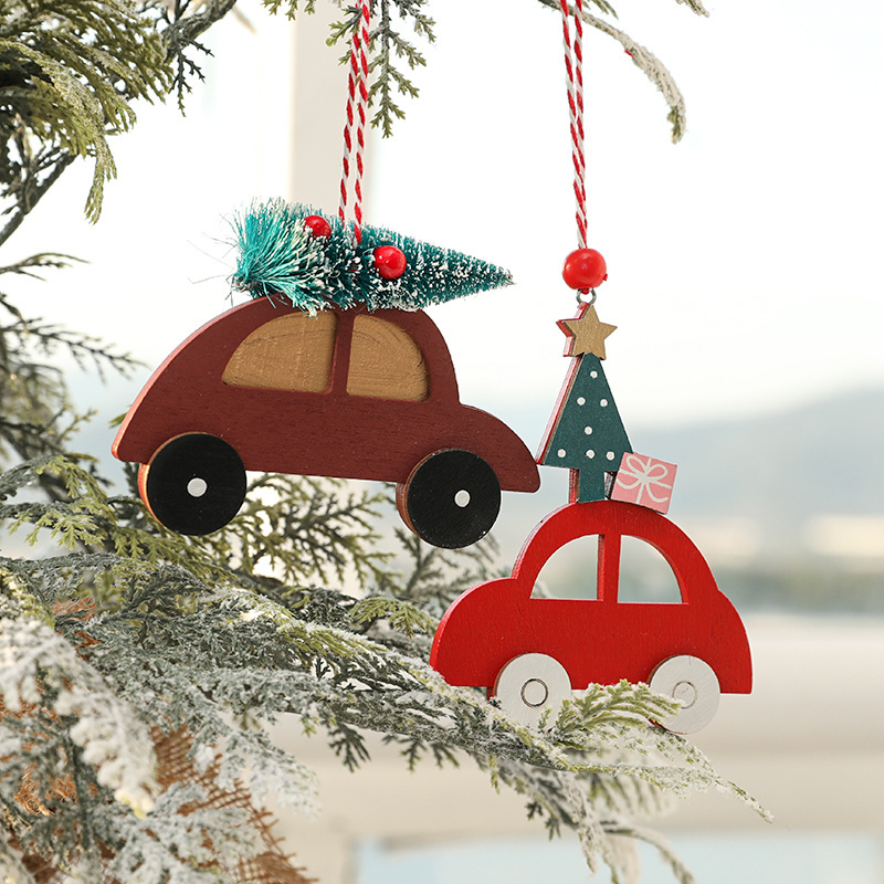 Wooden red car and tree shapeXmas Party Decor Ornaments Christmas Decoration wooden decorative pendant Christmas tree pendant