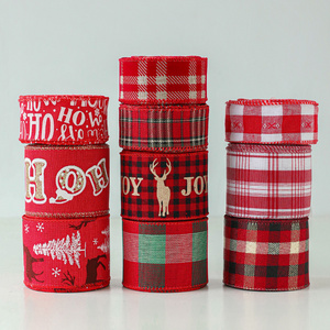 XMAS Ribbon Manufacturer Natale Christmas Decoration Red Christmas Tree Linen Satin Fabric Tartan Red Christmas Ribbon