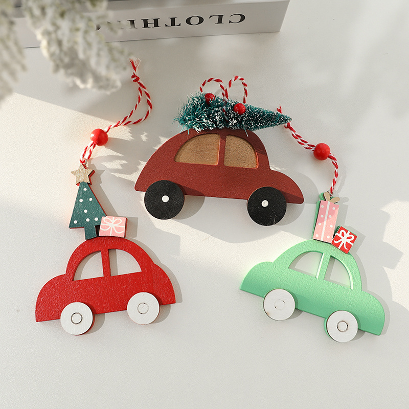 Wooden red car and tree shapeXmas Party Decor Ornaments Christmas Decoration wooden decorative pendant Christmas tree pendant