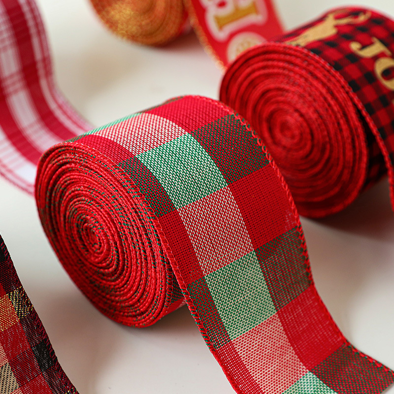 XMAS Ribbon Manufacturer Natale Christmas Decoration Red Christmas Tree Linen Satin Fabric Tartan Red Christmas Ribbon