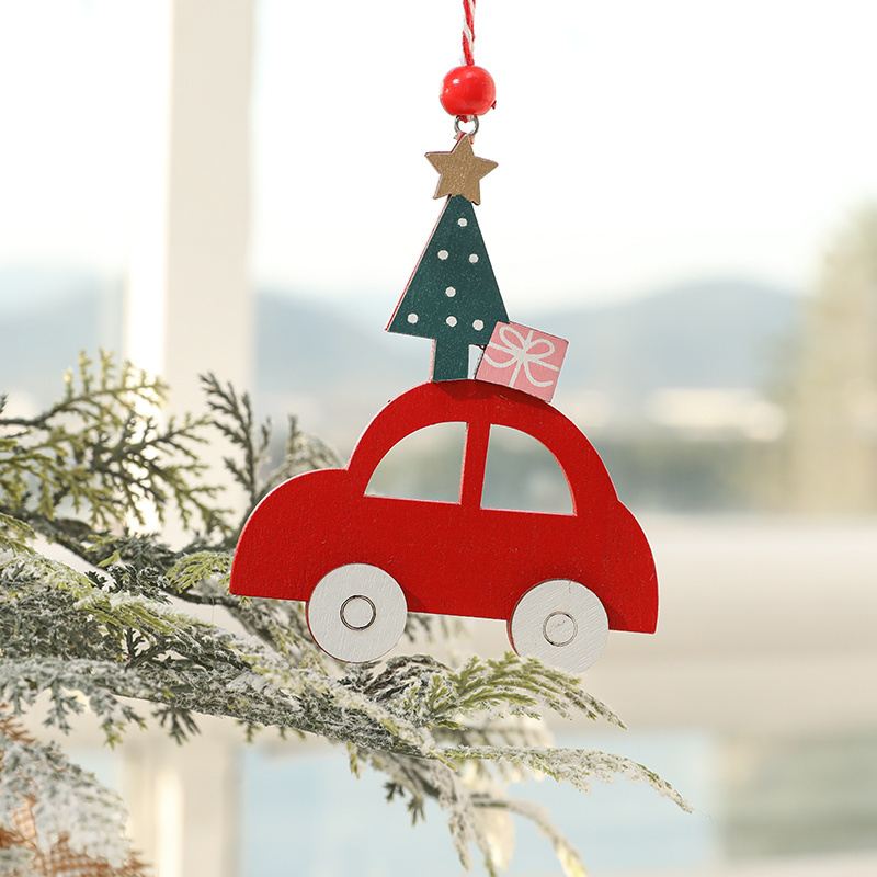 Wooden red car and tree shapeXmas Party Decor Ornaments Christmas Decoration wooden decorative pendant Christmas tree pendant