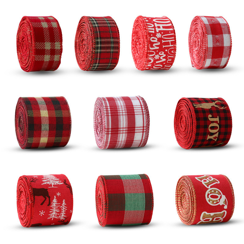 XMAS Ribbon Manufacturer Natale Christmas Decoration Red Christmas Tree Linen Satin Fabric Tartan Red Christmas Ribbon