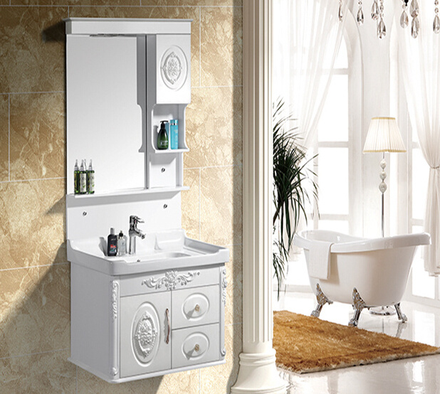 Bathroom vanities 800x480mm pvc vanity mirror cabinet with ceramic washbasin classic style