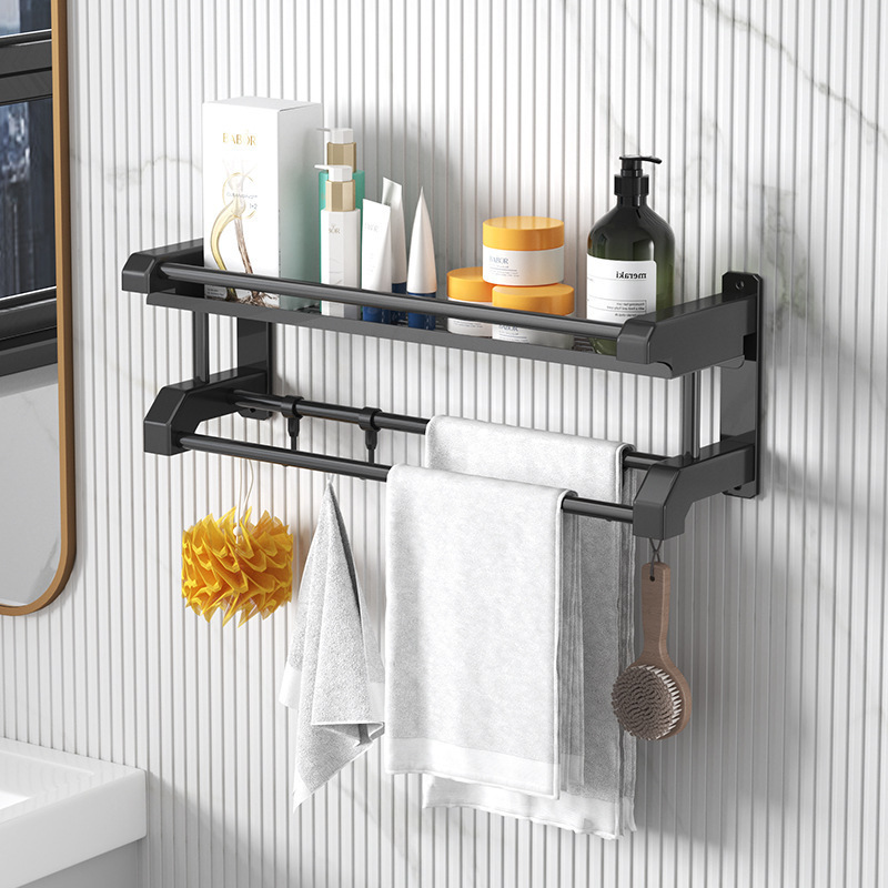 High Quality Punch Free Bathroom Storage Rack Stainless Steel Shower Shelves Wall Mounted 3 Layer Black Towel Rack with Hooks