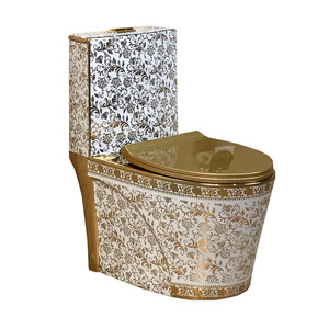 Colorful Pattern Electroplated Gold Floor Mounted Bathroom Closestool Vintage Gold Ceramic Toilet