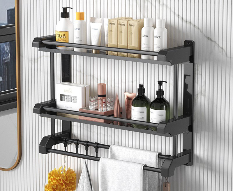 High Quality Punch Free Bathroom Storage Rack Stainless Steel Shower Shelves Wall Mounted 3 Layer Black Towel Rack with Hooks