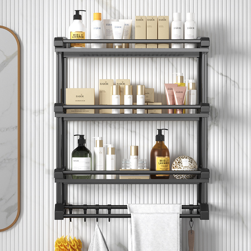 High Quality Punch Free Bathroom Storage Rack Stainless Steel Shower Shelves Wall Mounted 3 Layer Black Towel Rack with Hooks