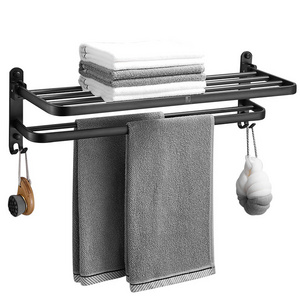 Hot Selling Matte Black Folding Towel Holder Wall Mounted Aluminum Towel Rack Bathroom Towel Bars with Hook