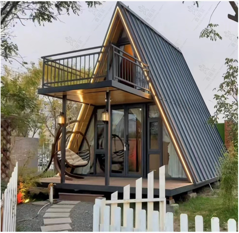 Support customize service,Deluxe Steel Structure Small Wooden House Triangle Modular Prefabricated Small House