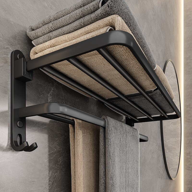 Hot Selling Matte Black Folding Towel Holder Wall Mounted Aluminum Towel Rack Bathroom Towel Bars with Hook