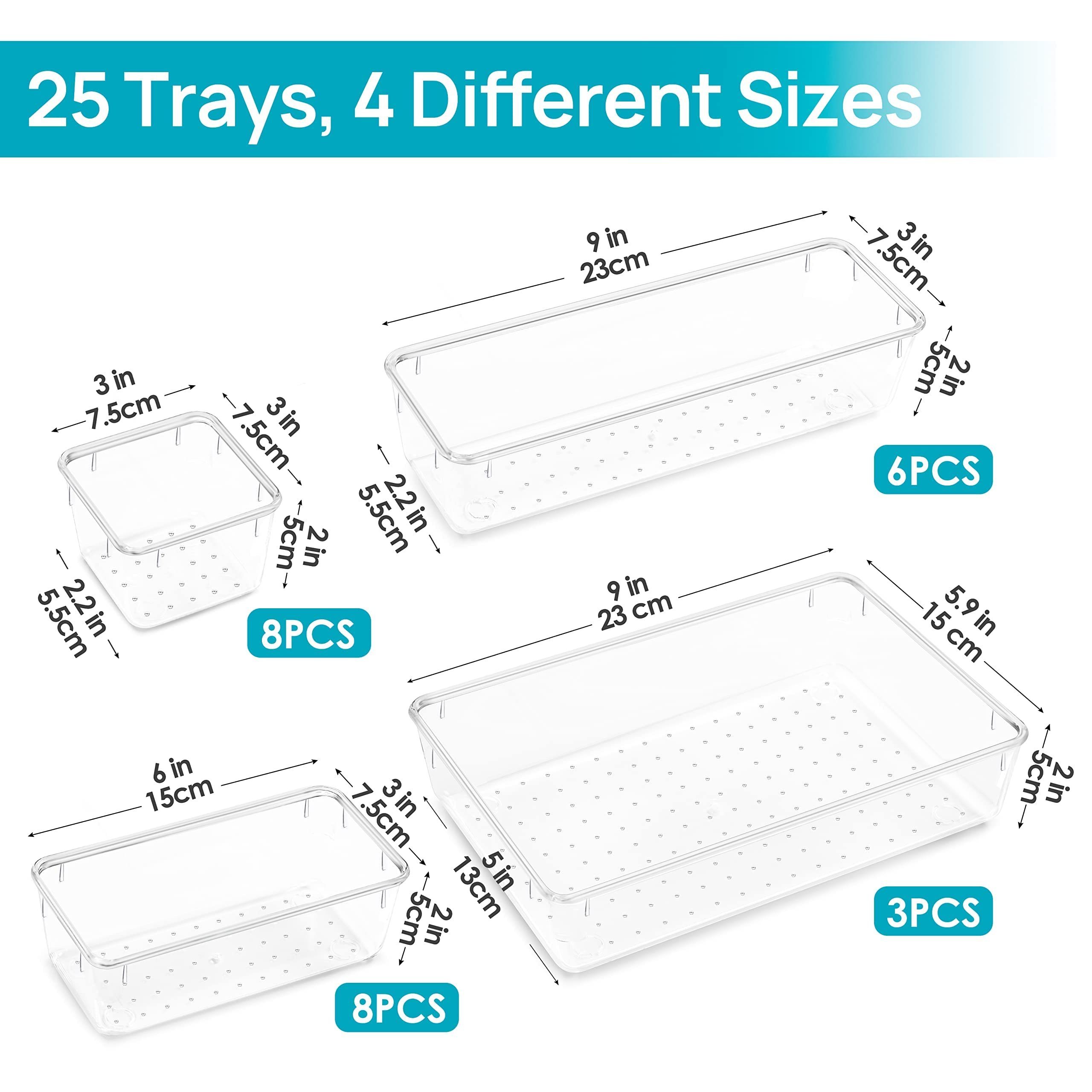 25 Pieces Built-In Drawer Organiser Set 4Size Multi-Functional Transparent Plastic Bathroom and Vanity Drawer Organiser Tray