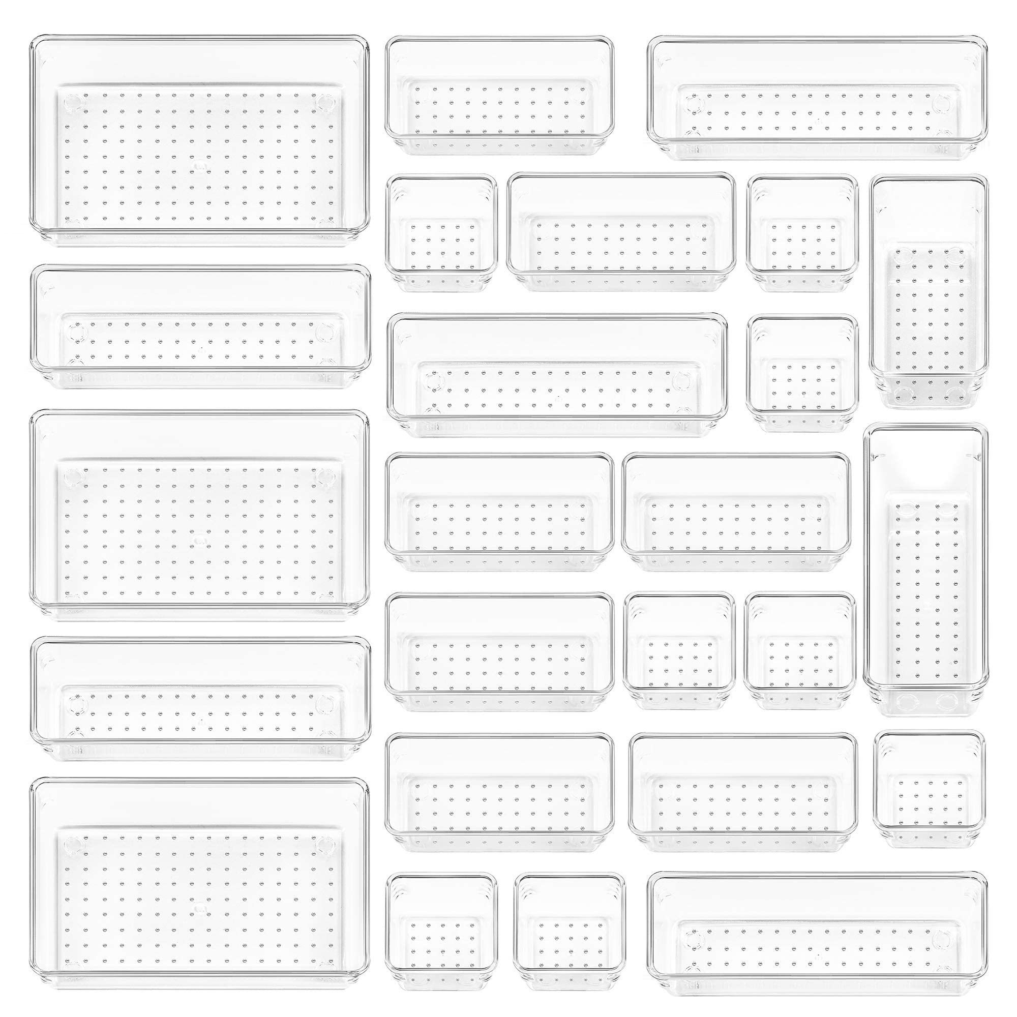 25 Pieces Built-In Drawer Organiser Set 4Size Multi-Functional Transparent Plastic Bathroom and Vanity Drawer Organiser Tray