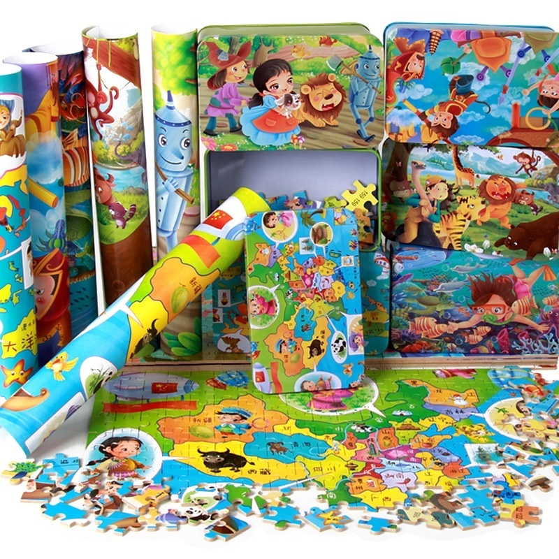 Chinese made puzzle toy new 60 piece wooden puzzle children's cartoon anime flat panel iron box Children's Education