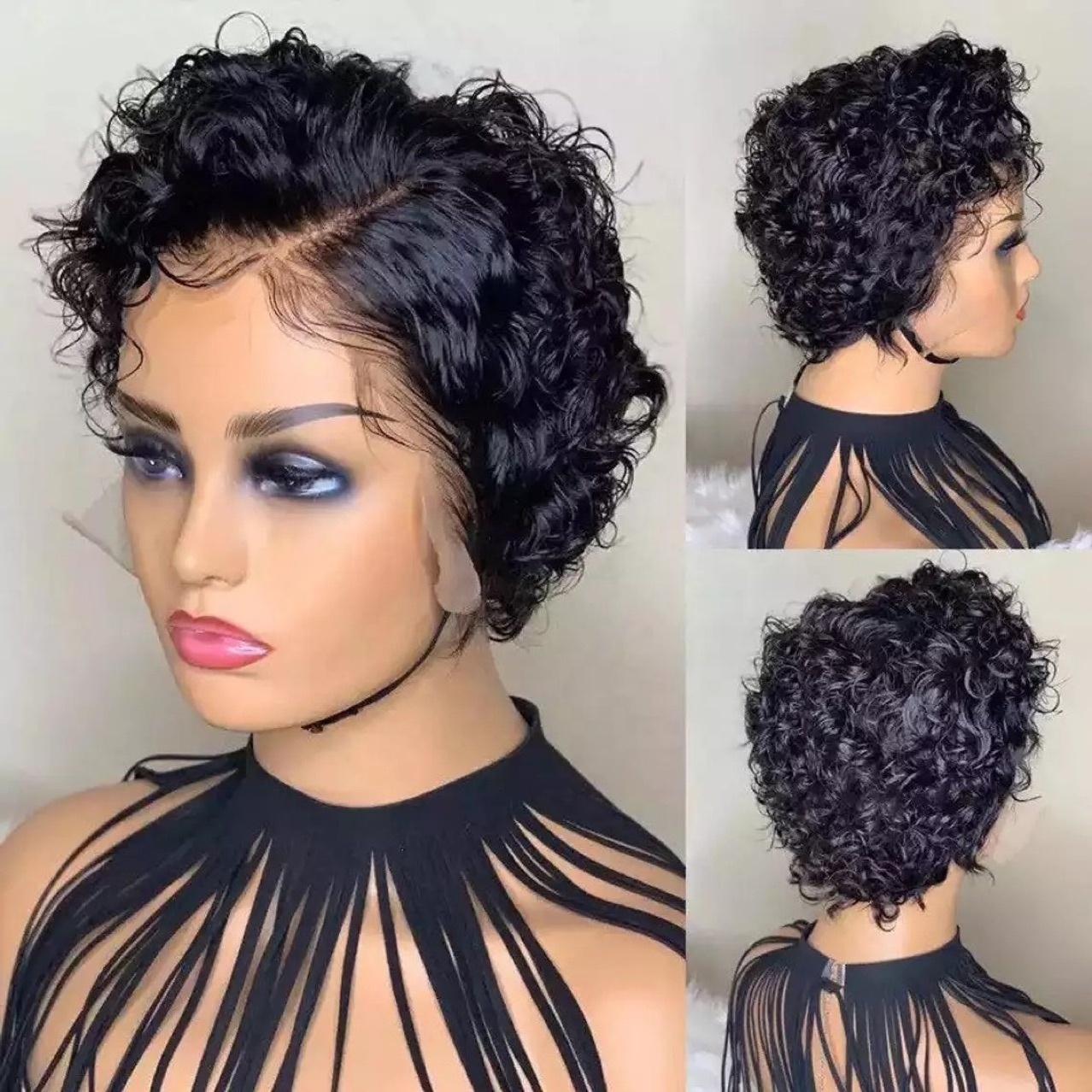 2023 New Natural Black Short Curly Pixie Wig Aligned Raw Virgin Pixie Cut Wigs Human hair wig chemical fiber hair cover