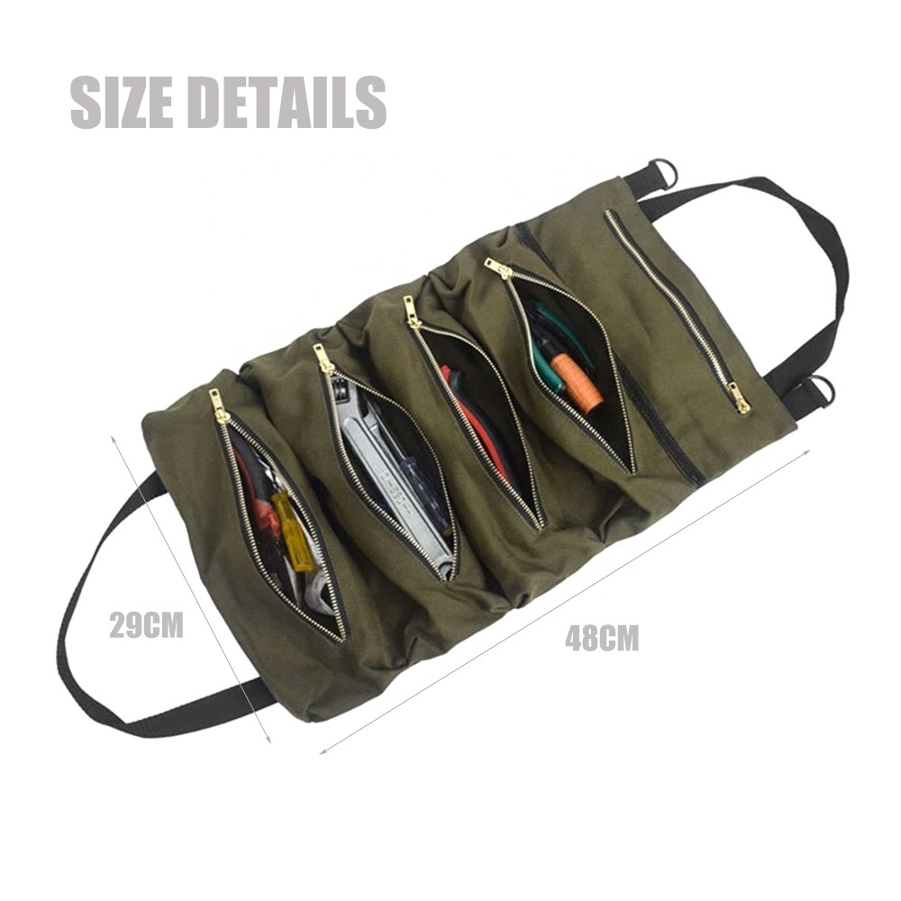 Multi-functional Canvas Car Storage Organizer Hanging Portable Hardware Tool Bag Wrench Roll Up Pouch Wrap Bag