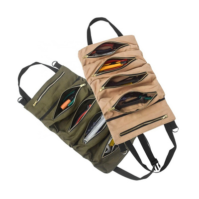 Multi-functional Canvas Car Storage Organizer Hanging Portable Hardware Tool Bag Wrench Roll Up Pouch Wrap Bag