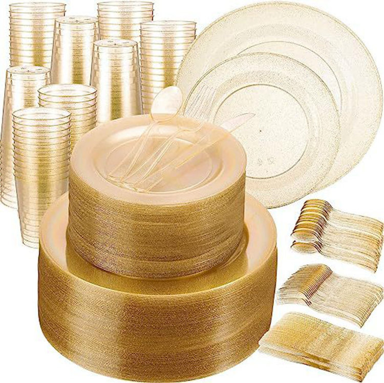 Disposable Gold Glitter Powder Tableware Knife Fork Spoon Plate and Cup Set Outdoor Holiday Party Cutlery